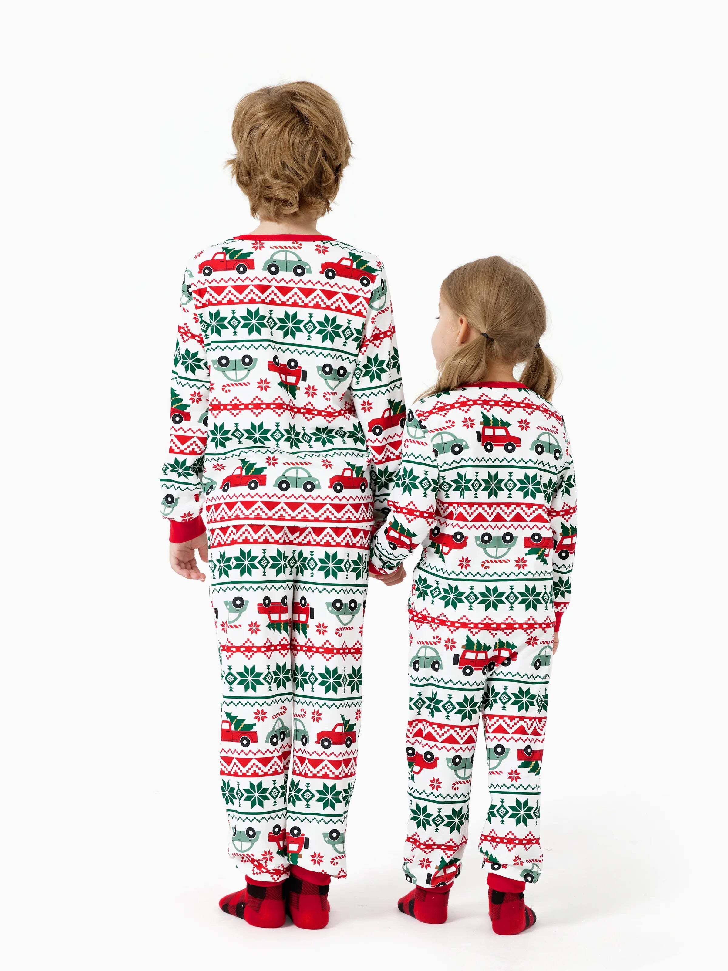 Christmas Matching Family Pajamas Set Snowflake and Car Print PJS with Christmas Socks Red