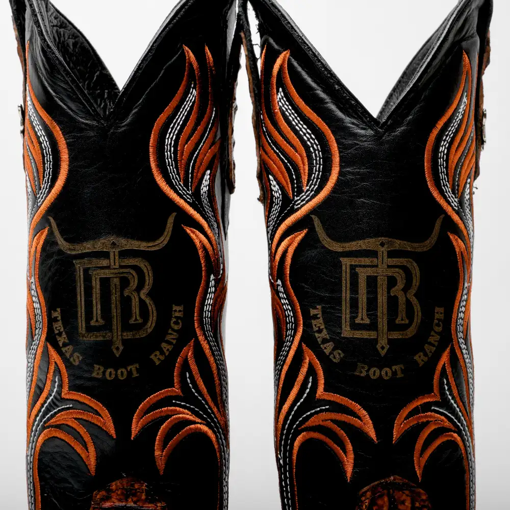 Cognac Caiman Neck Leather Boots - Square Toe