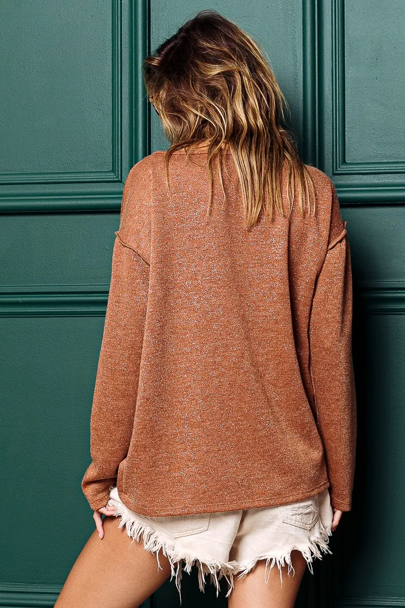 Mink Lurex Stitched Button Detail Top