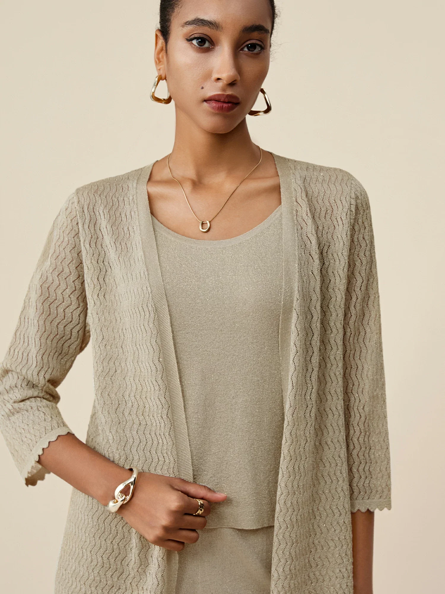 Gold Silver Yarn Mid-Sleeve Simple Cardigan