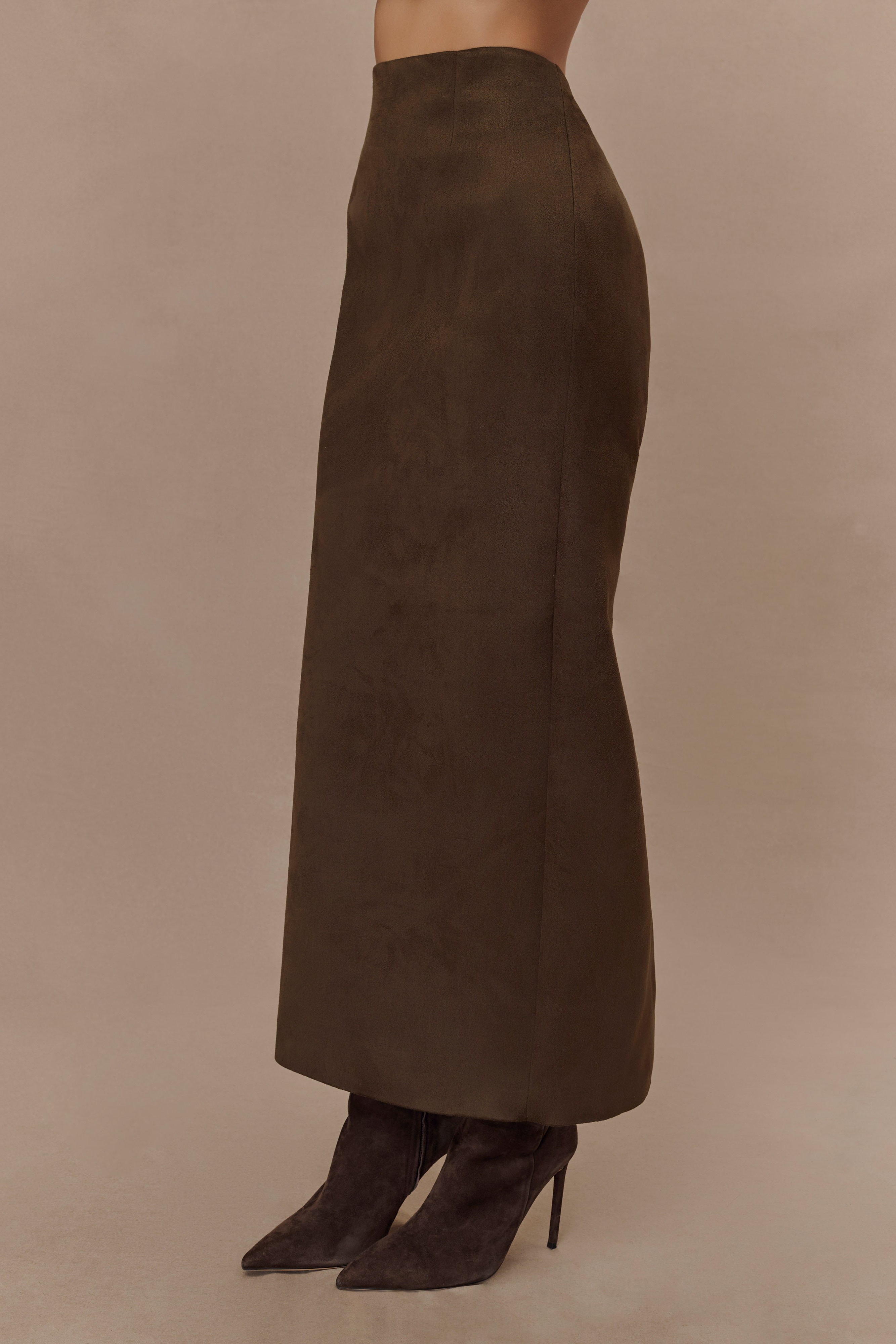 Chocolate Faux Suede Midi Skirt