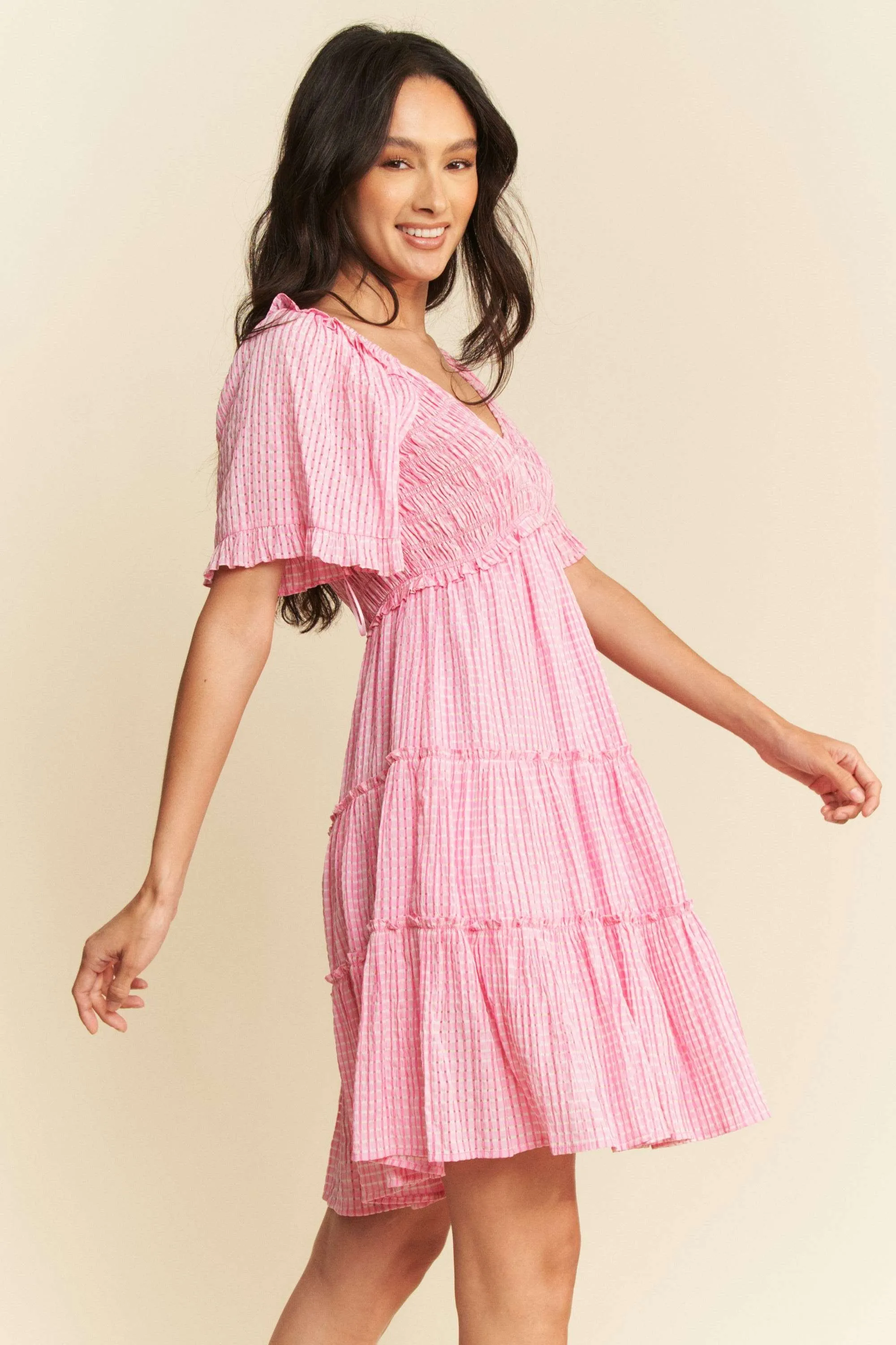 Jacquard Checker Smocking Tiered Dress