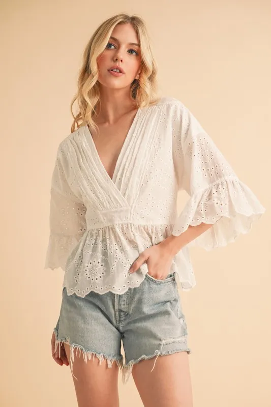 Flounce Sleeve Eyelet Peplum Top