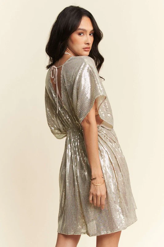 Sequin Plunge Neck Knot Cut Out Tie Back Party Dress