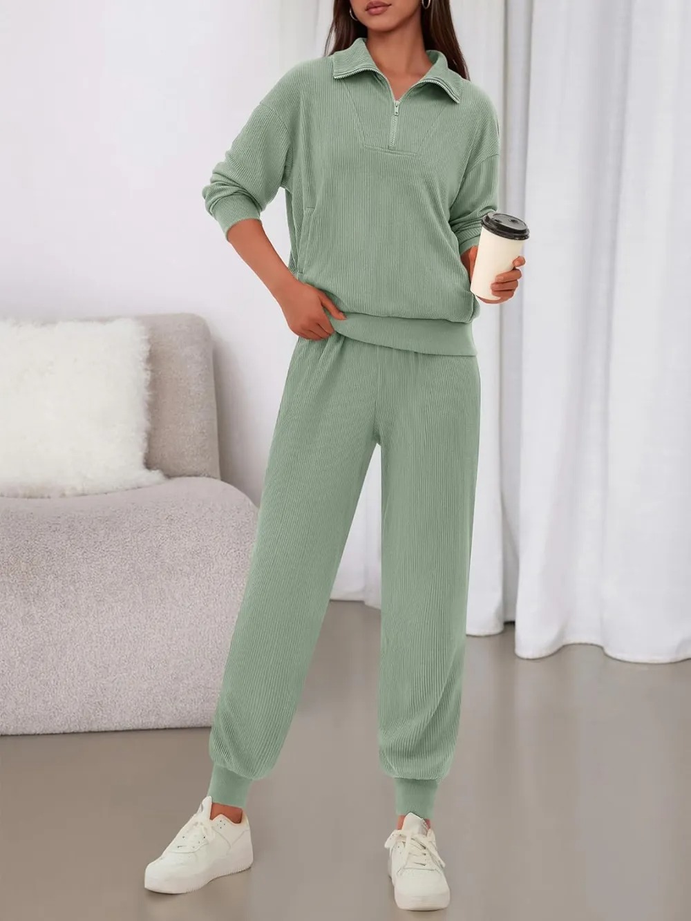 Women's Long Sleeve Half Zip Sweatshirt Sweatpants Lounge Set Sweatsuits with Pockets