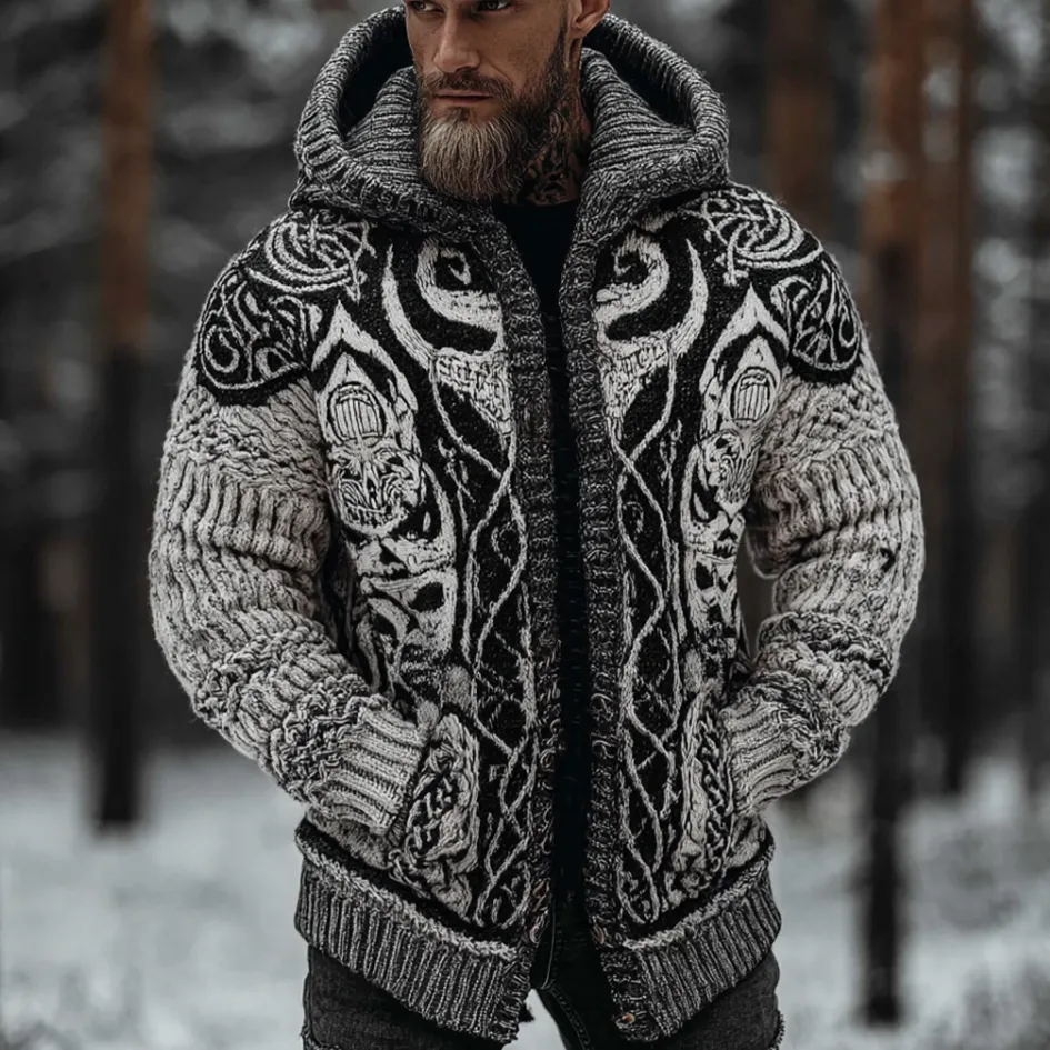 Viking Style Winter Men's Warm Hooded Knit Sweater Jacket