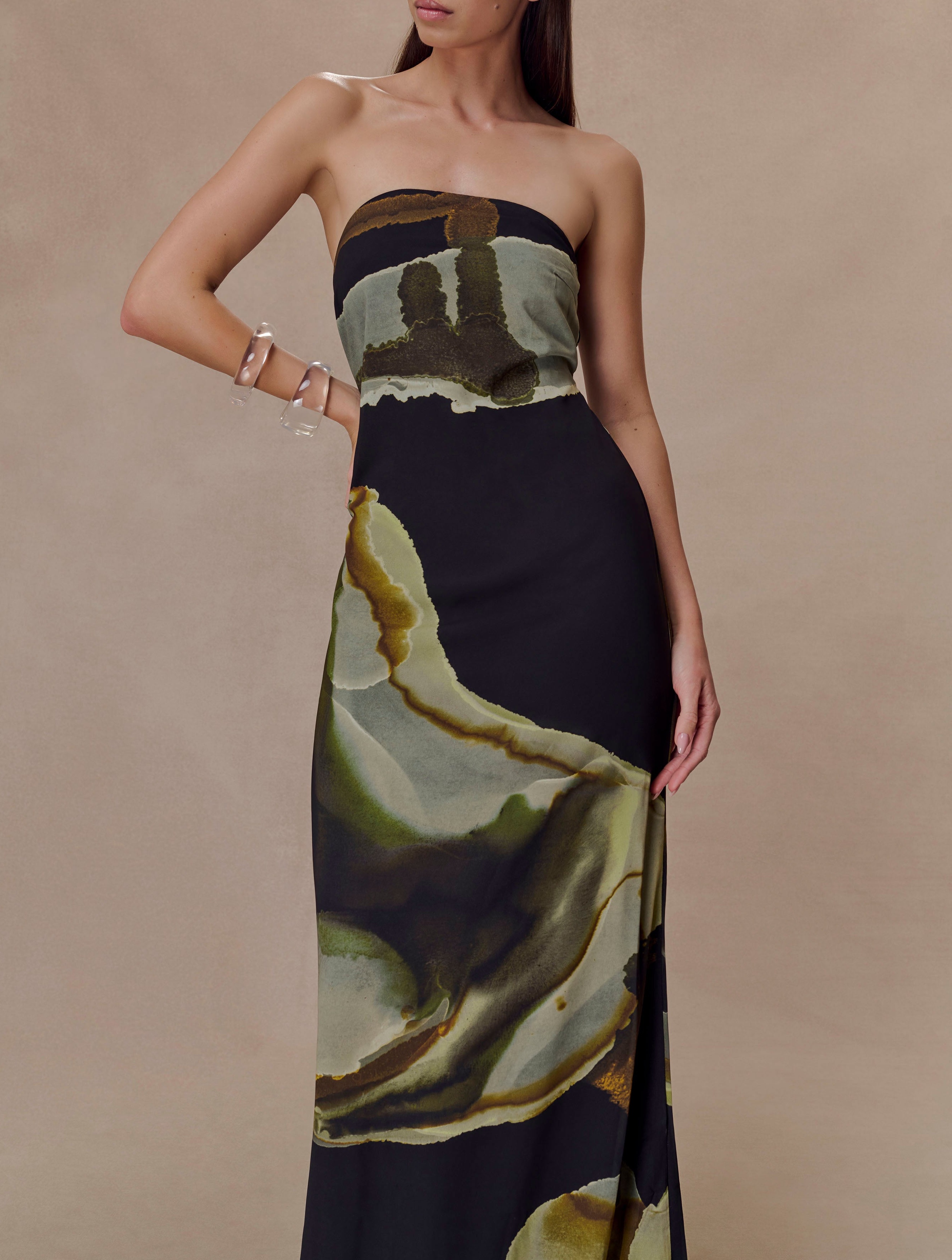 Print Strapless Chiffon Maxi Dress