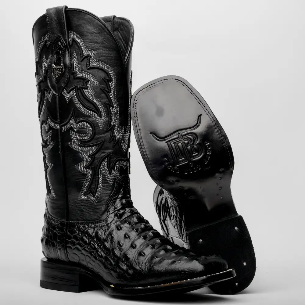 Black Caiman Hornback Leather Boots - Square Toe