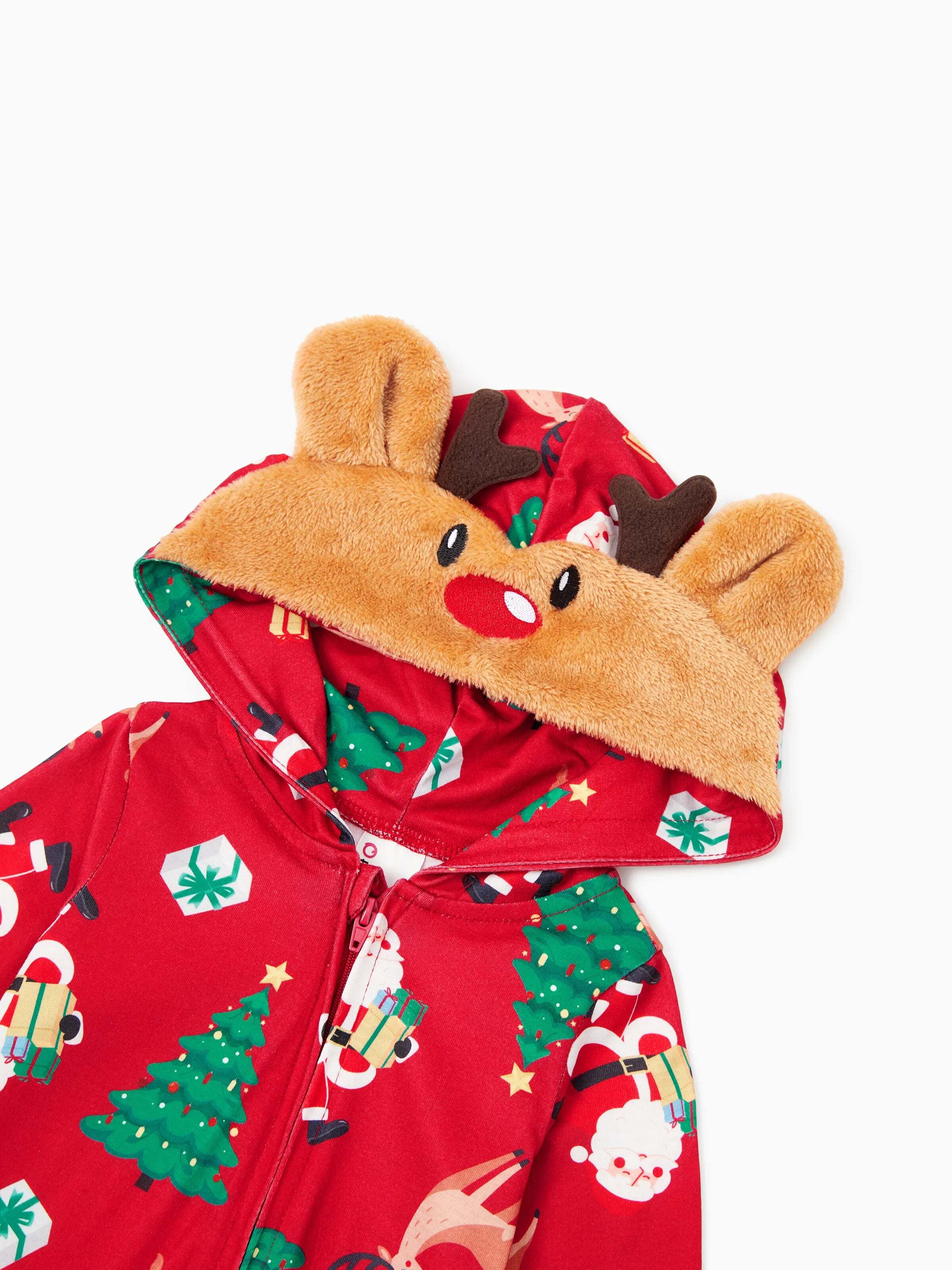 Christmas Family Pajamas Sets 3D Reindeer Hooded Allover Print Onesies with Christmas Socks Red-2