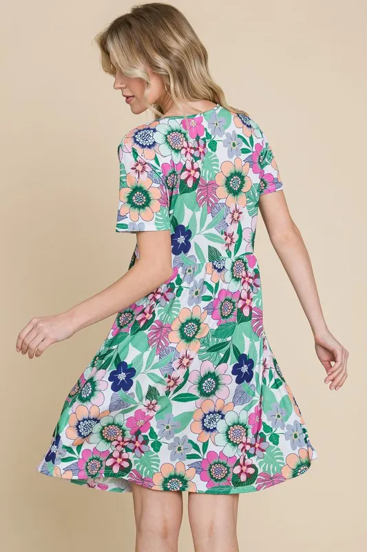 Ruched Floral V-Neck Short Sleeve Dress