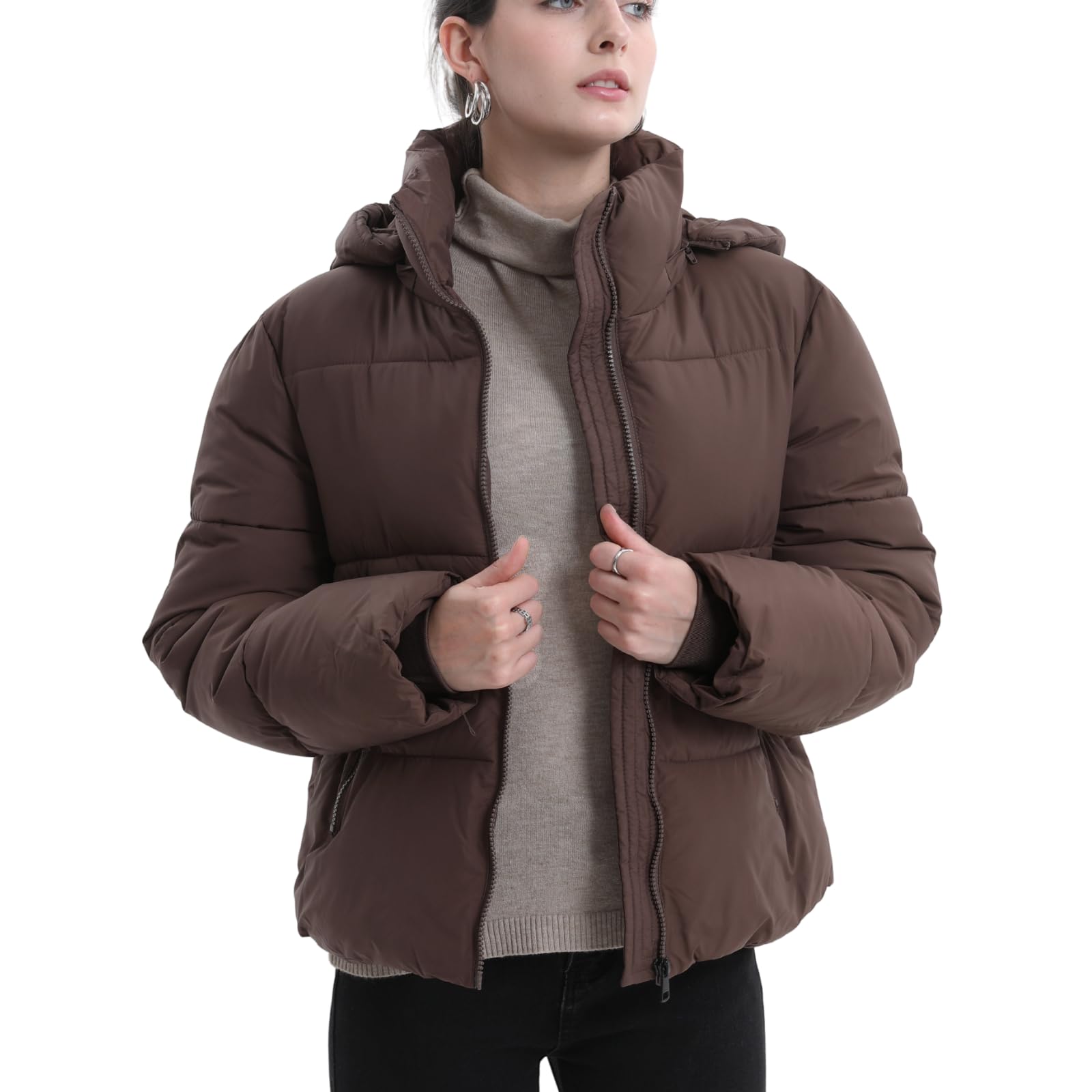 WarmCore Premium Short Puffer Jackets with Removable Hood & Optional Faux Fur Linging, Lady Casual Outerwear Longsleeves Zip Pockets Warm Quilted Coat
