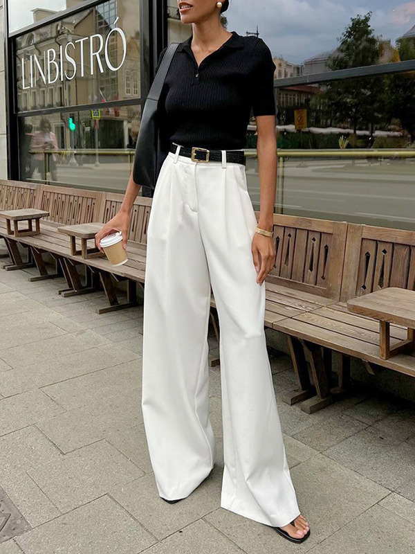 No Belt Pleated Pockets Solid Color High Waisted Loose Trousers Suit Pants