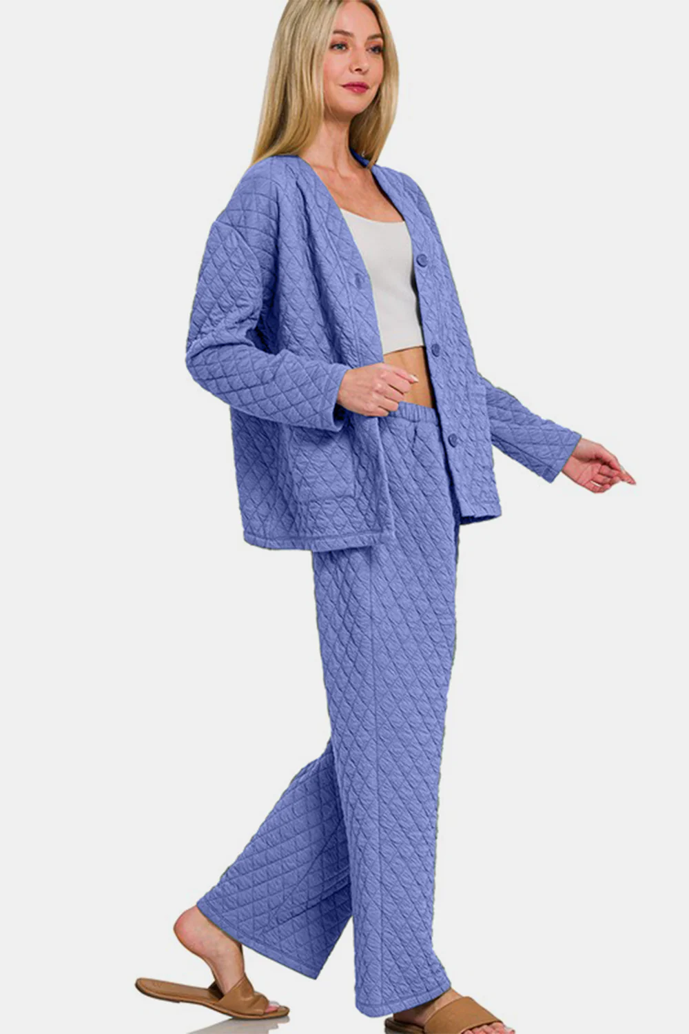Quilted Button Up Long Sleeve Top and Pants Lounge Set