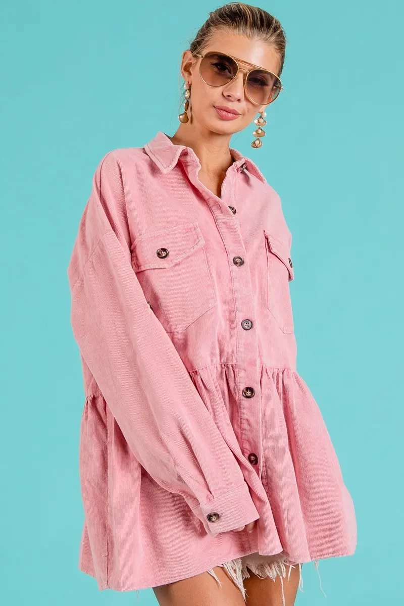 Corduroy Ruffle Peplum Button Up Shirt