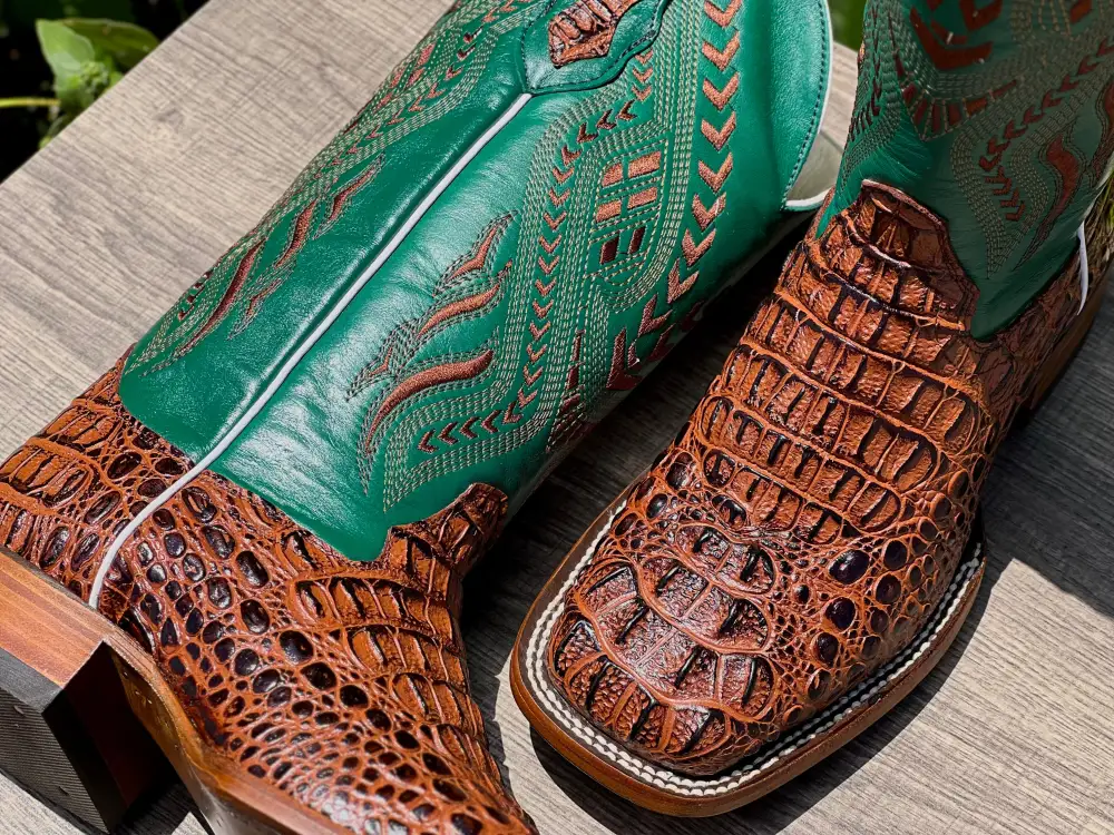 Men’s Cognac Crocodile Leather Boots With Green Shaft