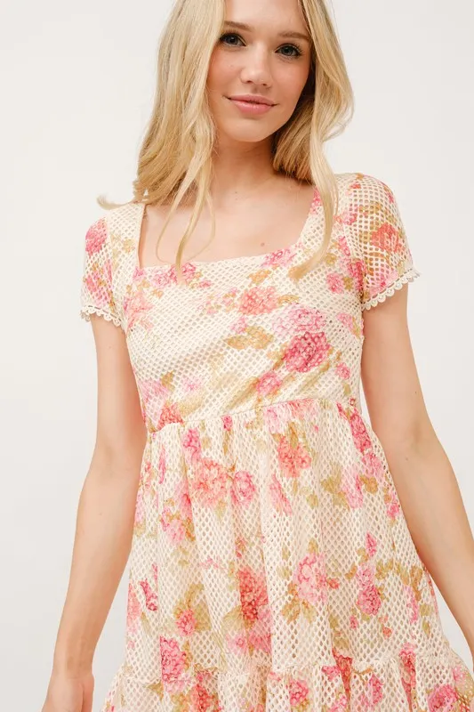 Square Neck Tiered Floral Fishnet Dress