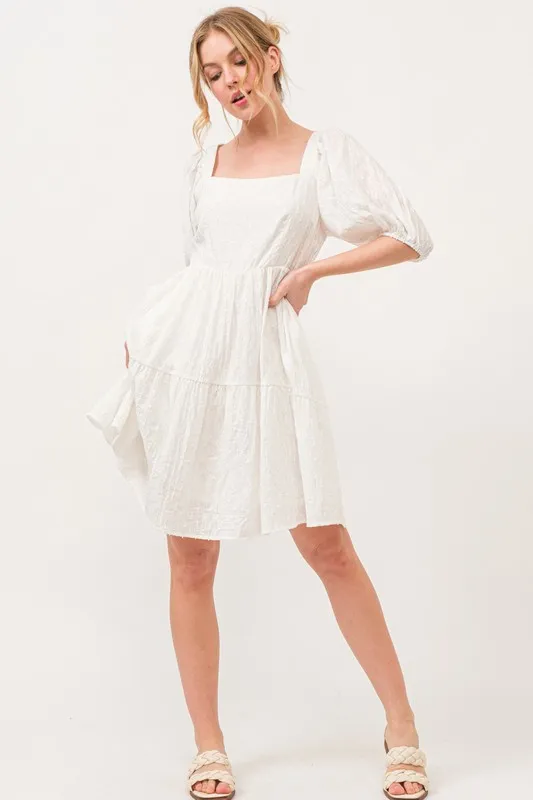 Square Neck Puff Sleeve Tiered Mini Dress