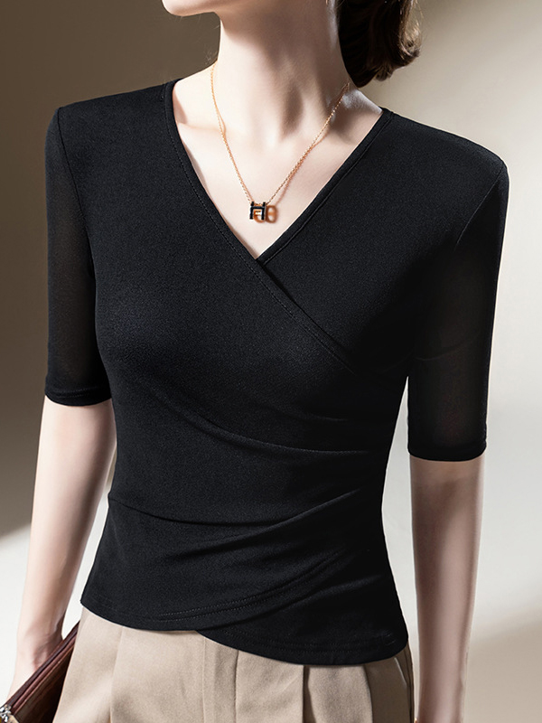 Asymmetric Pleated Solid Color Split-Joint Half Sleeves Plus Size V-Neck T-Shirts Tops