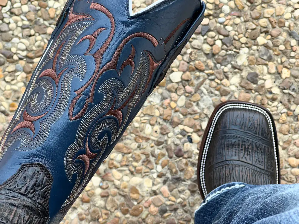 Men’s Brown Giant Gator Belly Leather Boots With Blue Shaft