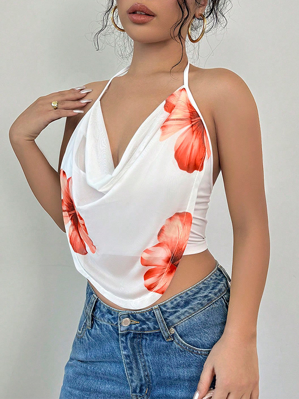 Flower Print Sleeveless Halter-Neck Vest Top