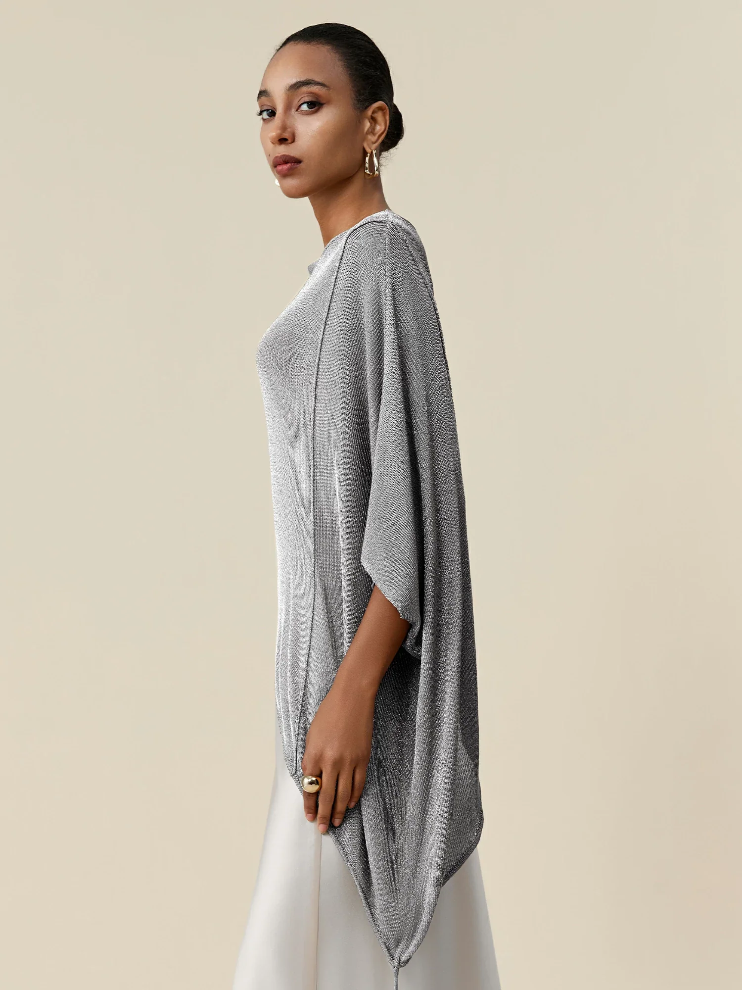 Round Neck Short Sleeve Drawstring Glitter Top