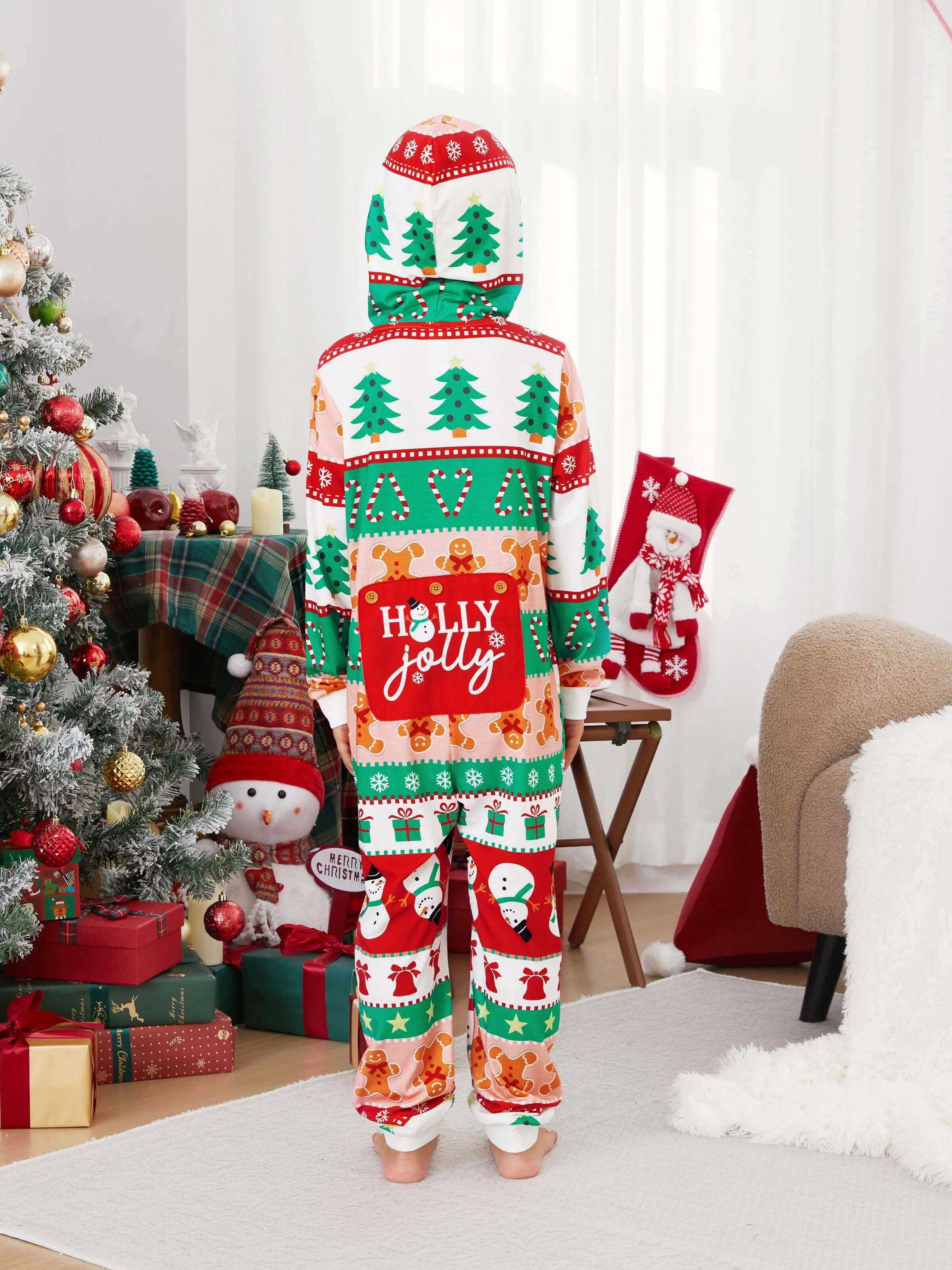 Onesies Pajamas Matching Christmas Outfits Allover Pattern Zipper Front Holly Jolly Print with Christmas Socks Back MultiColour