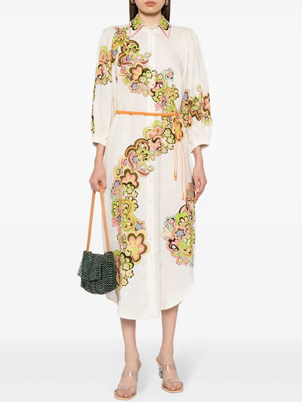Flower Printed Three-Quarter Sleeves Elegant Midi Dresses