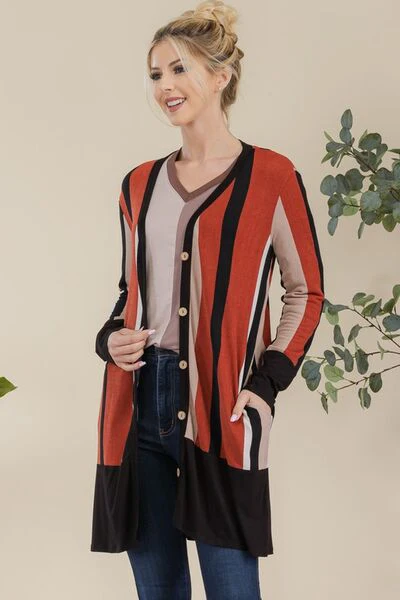 Celeste Full Size Striped Button Up Long Sleeve Cardigan