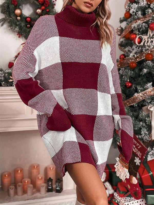 Contrast Color Plaid Long Sleeves Loose High Neck Sweater Dresses Mini Dresses