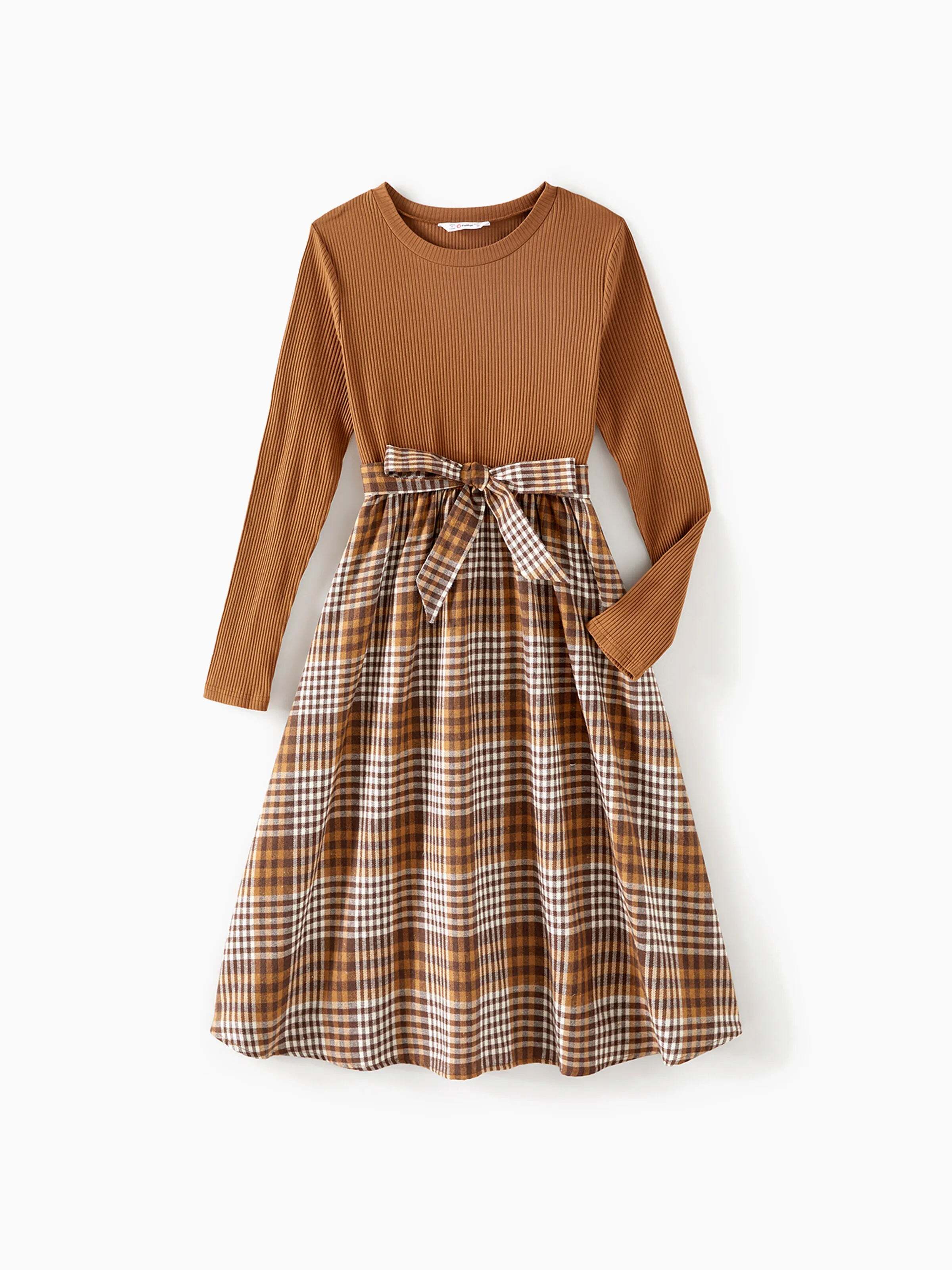 Family Matching Coffee Ribbed Spliced Plaid Belted Dresses and Long-sleeve Colorblock Tops Set Coffee