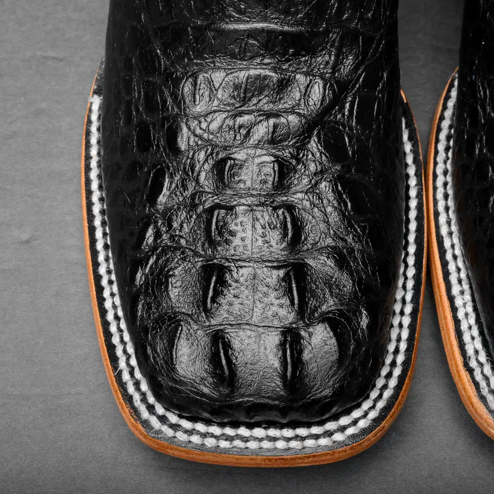 Black Caiman Neck Leather Boots - Square Toe