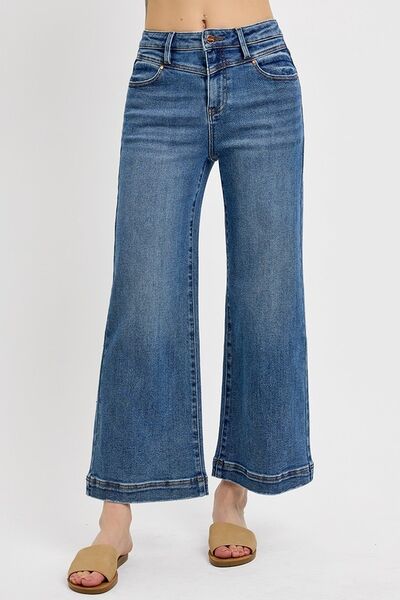 Full Size High Rise Crop Wide Leg Front Yoke Detail Jeans