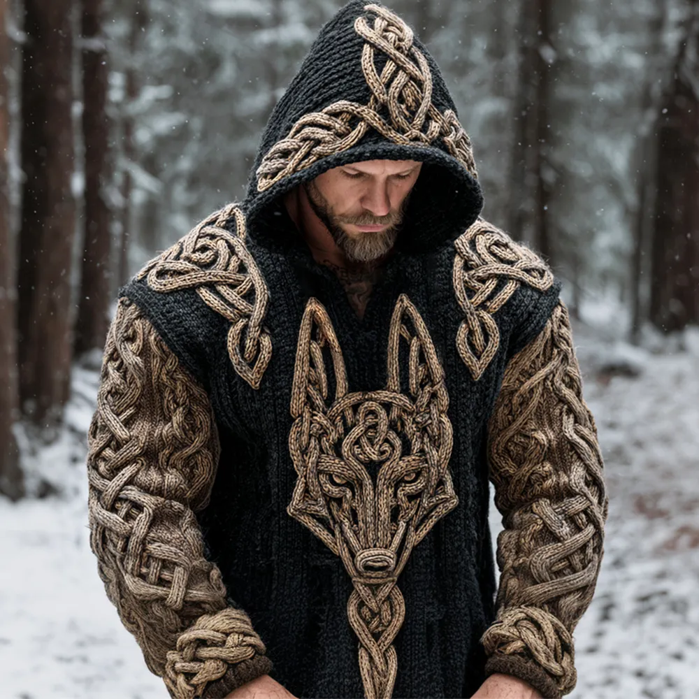 Viking Hellhound Celtic Knot Art Men's Hooded Knit Sweater