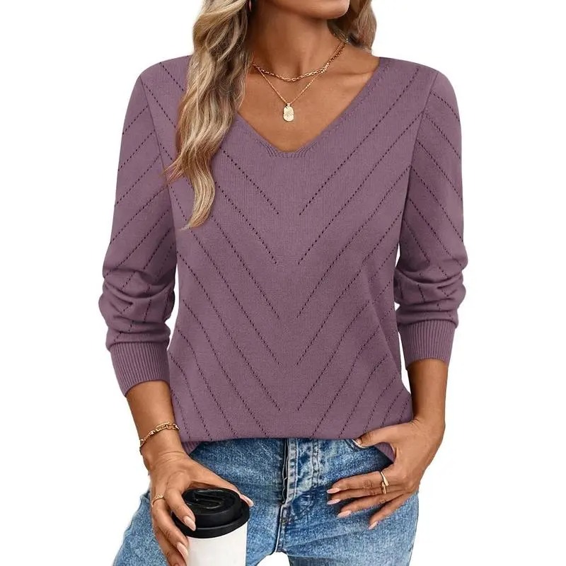 V-Neck Knit Sweater for Women - Apricot Basic Fitted Minimalist Crochet Details Breathable Lightweight Pullover Top