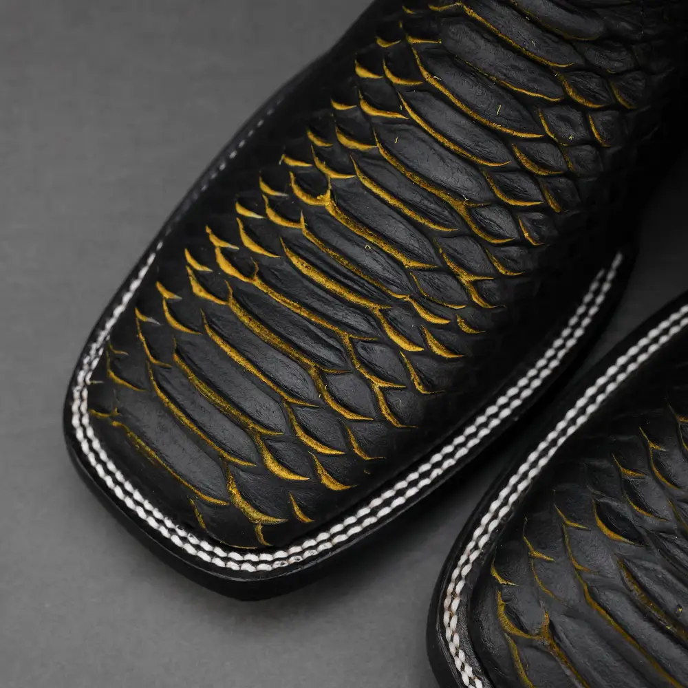 Black/Yellow Python Leather Boots - Square Toe