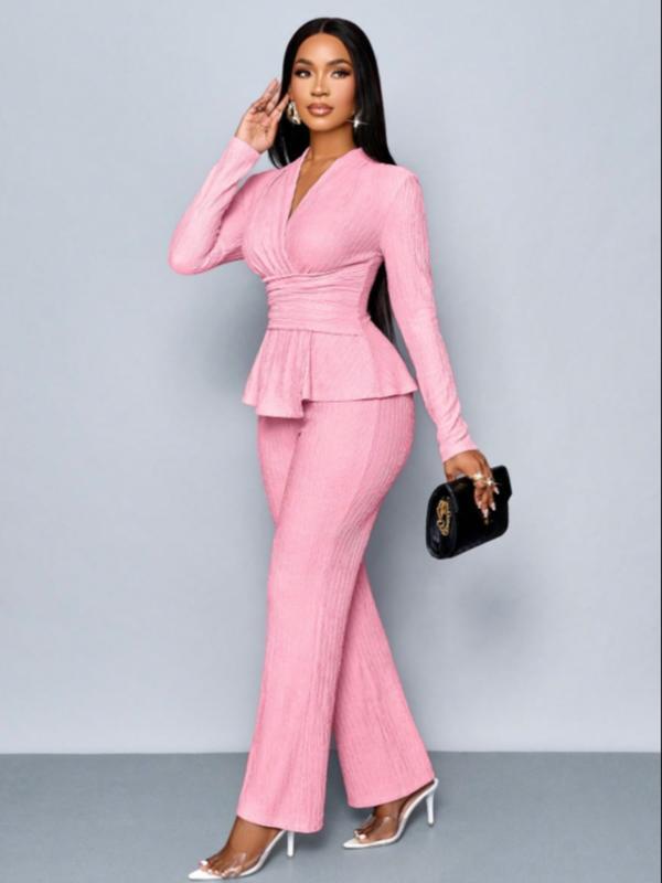Women’s Elegant Apricot Two-Piece Set – V-Neck Top & Wide Leg Pants