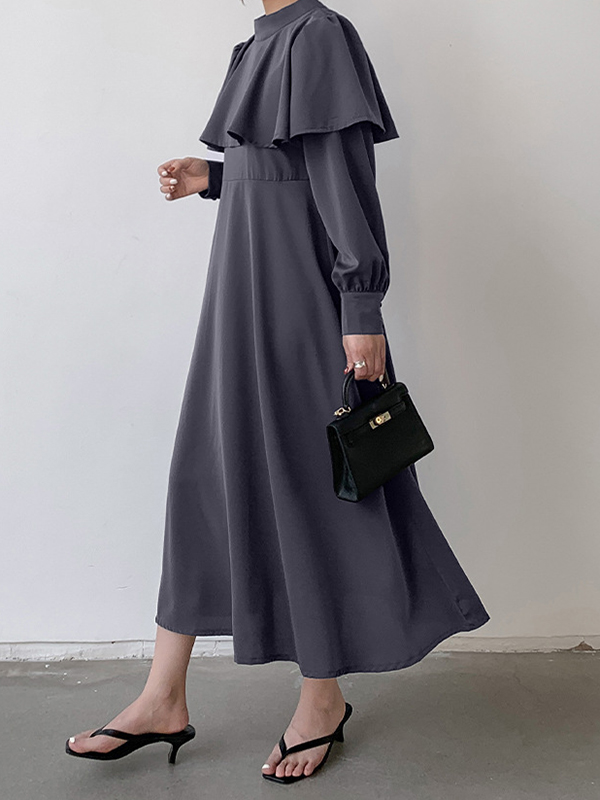 Ruffle Trim Solid Color Tied Waist A-Line Long Sleeves Mock Neck Midi Dresses