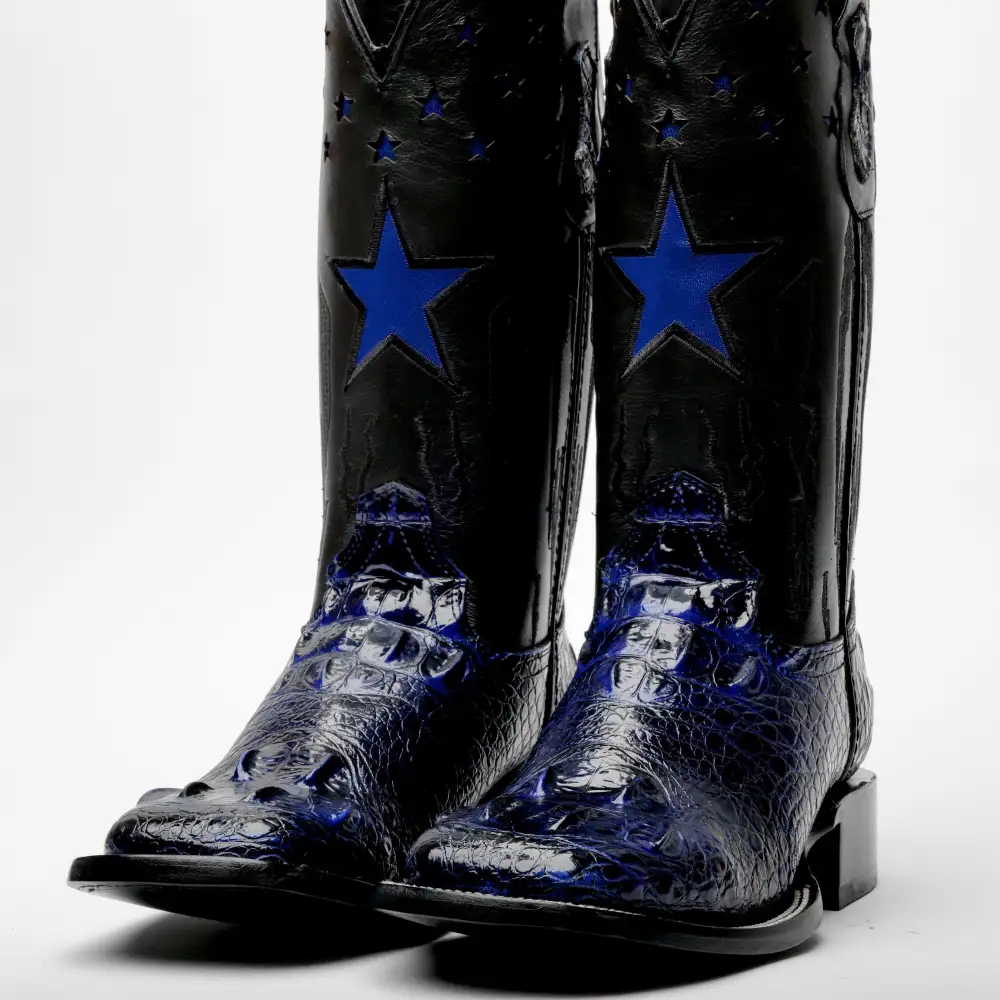 Royal Blue Giant Caiman Hornback Leather Boots - Square Toe