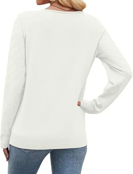 V-Neck Knit Sweater for Women - Apricot Basic Fitted Minimalist Crochet Details Breathable Lightweight Pullover Top