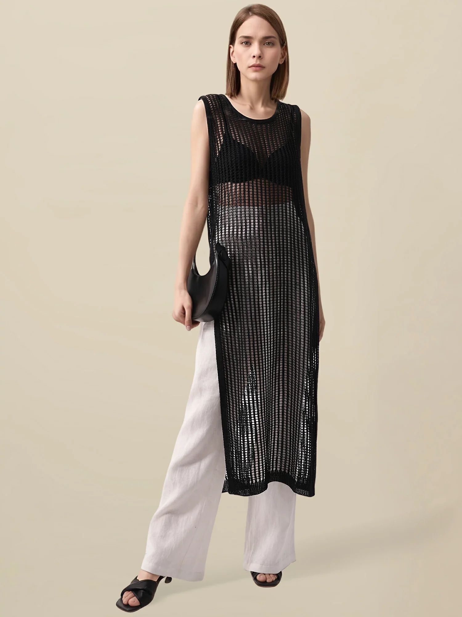 Lyocell Round Neck Sleeveless Cut-out Dress