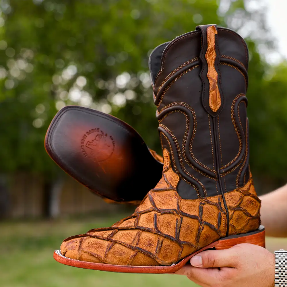 Matte Rustic Honey Pirarucu Leather Boots - Square Toe