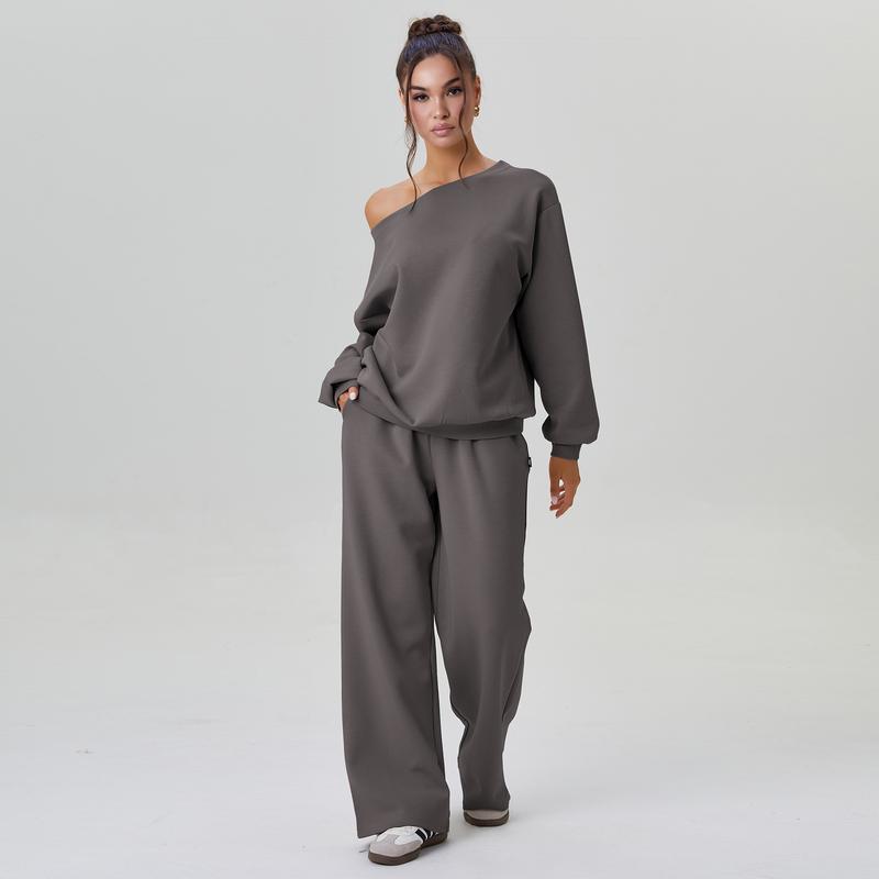 Women's Leisure Solid Color Sloping Shoulder Long Sleeve Top & Wide Leg Trousers Co-ord, Cozy Scoop Neck Loose Two Piece Outfits, Basic Womenswear