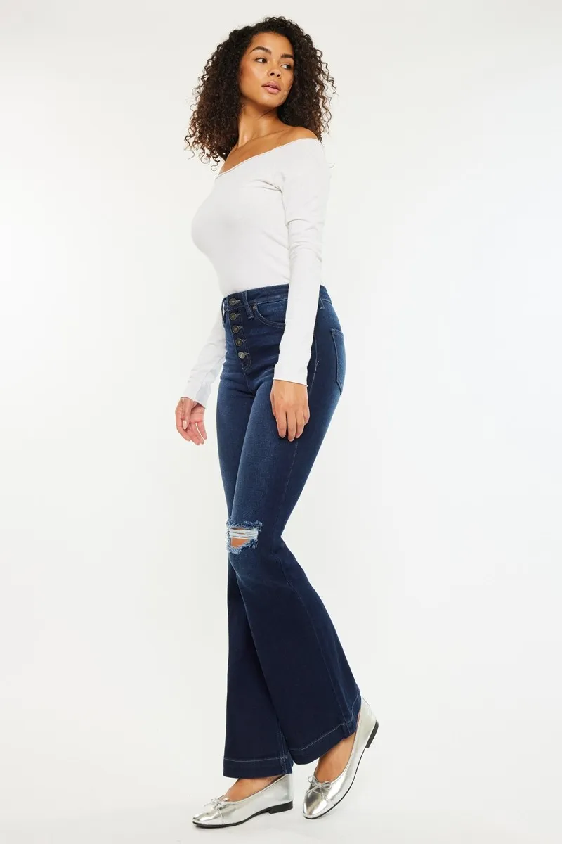 Button Fly High Rise Distressed Flare Jeans