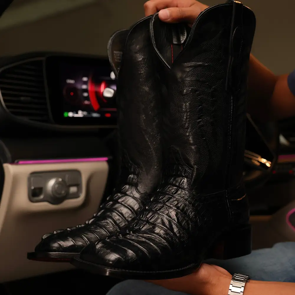 “TOTAL BLACK” Caiman Leather Boots - Square Toe