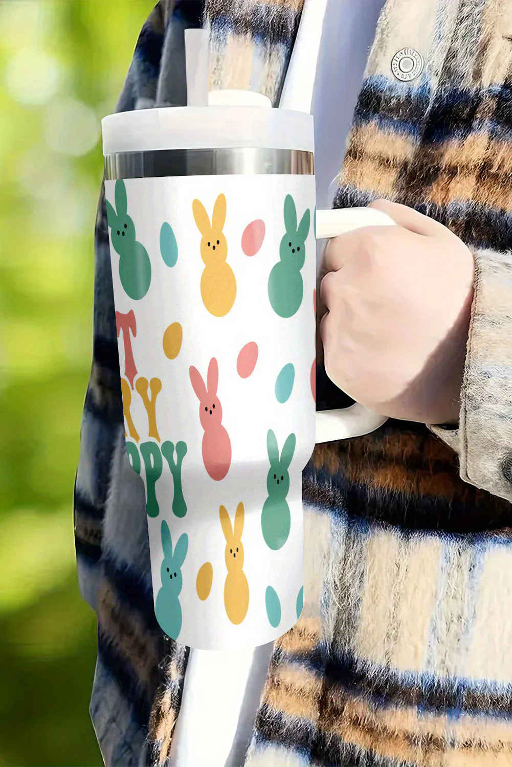 White DONT WORRY BE HOPPY Bunny Print Thermal Tumbler 40oz