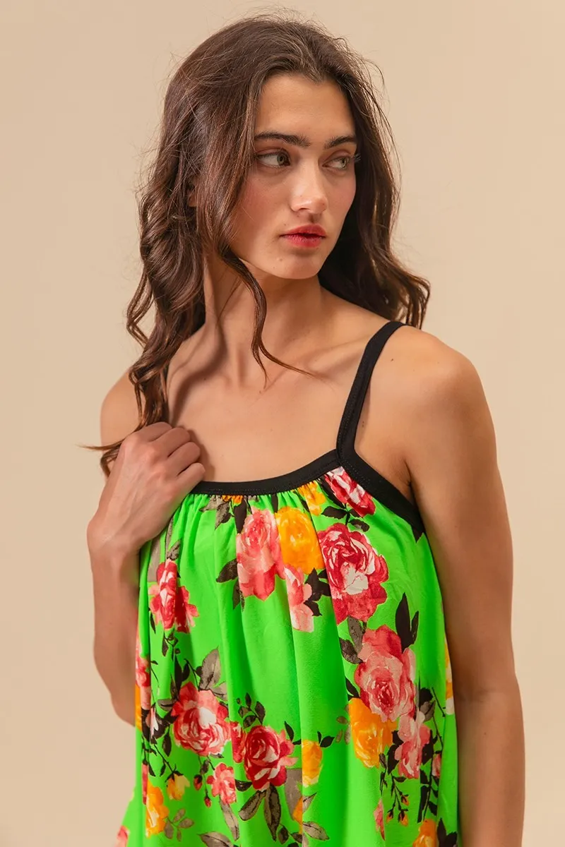 Floral Print Jersey Knit Gathering Cami Top