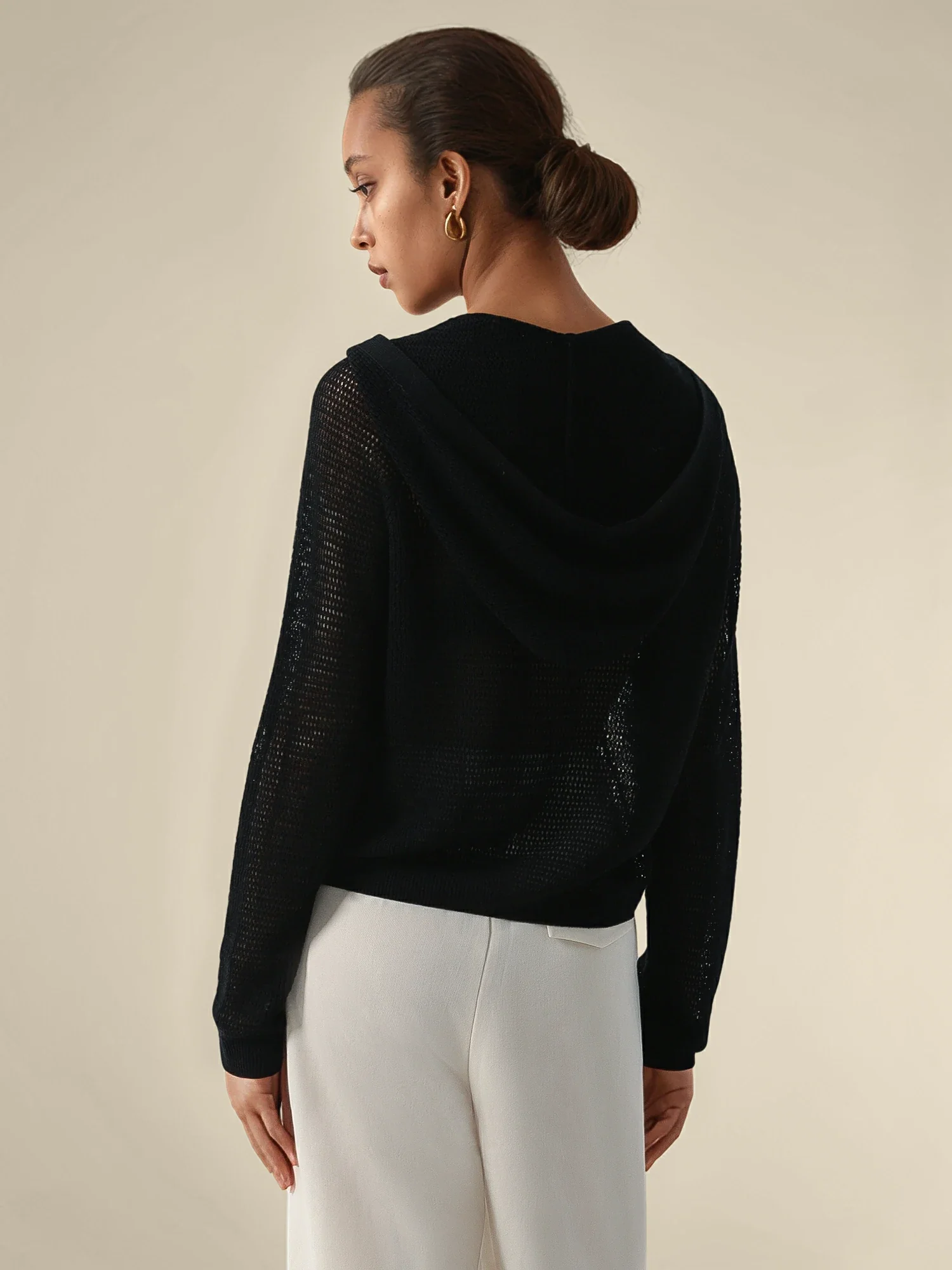 Linen & Lyocell Hooded Long Sleeve Hollow Cardigan