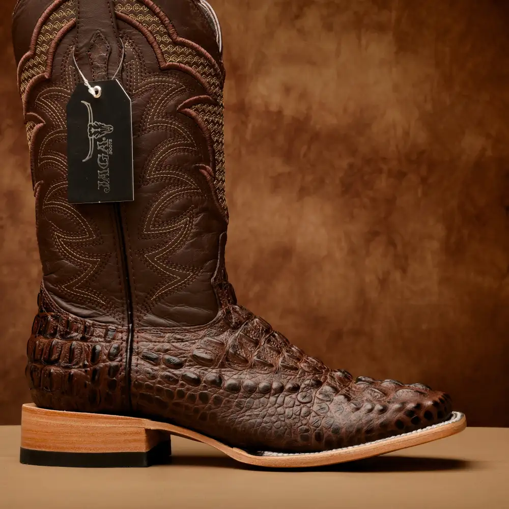 Brown Caiman Neck Leather Boots - Square Toe