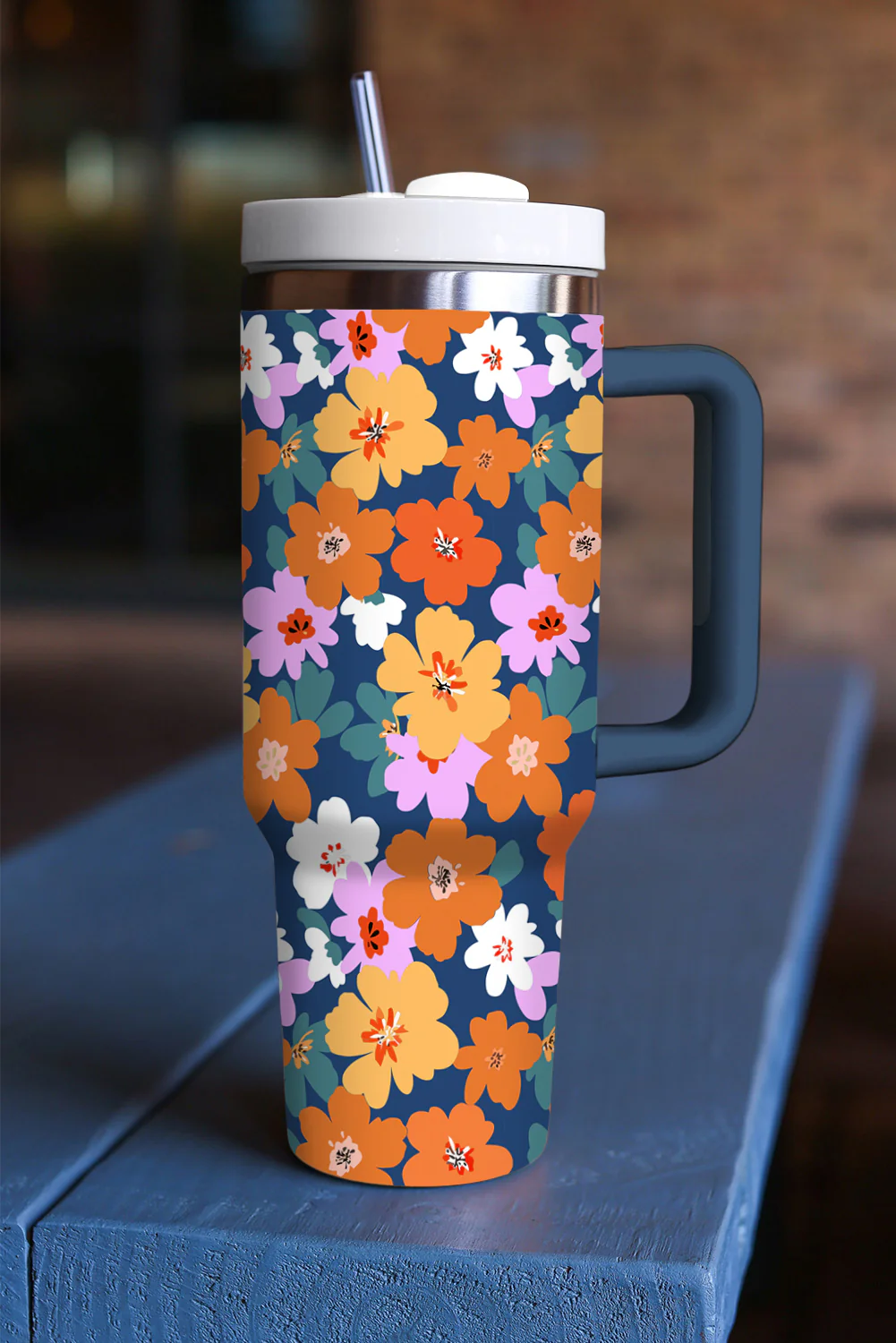 Ashleigh Blue Flower Print Handle Large Thermal Tumbler 40oz