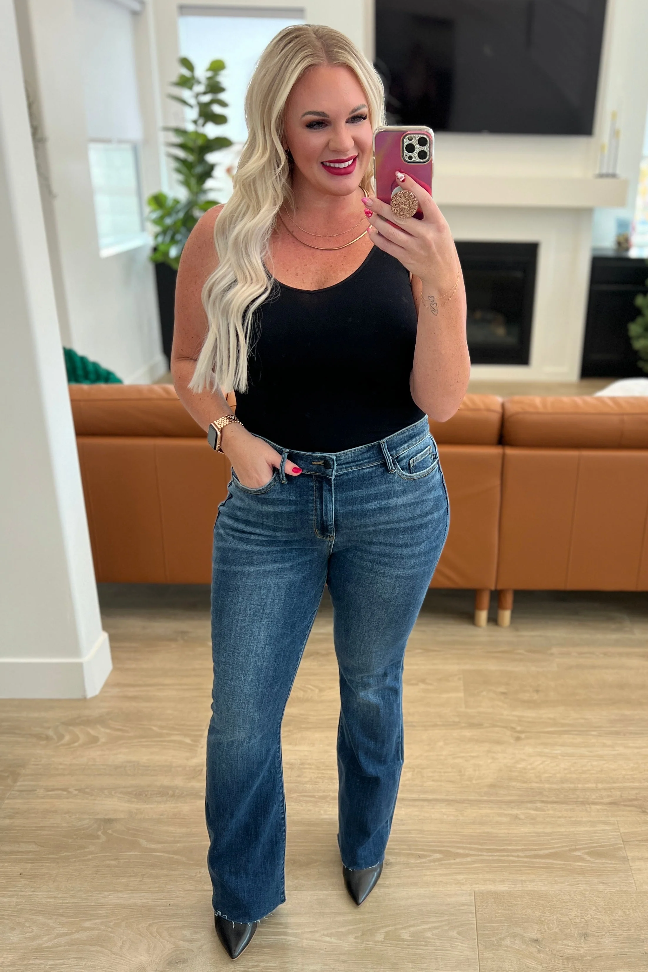 Blue Josephine Mid Rise Raw Hem Bootcut Jeans